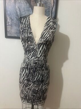 bebe Black & White Zebra-Print V-Neck Mini Dress